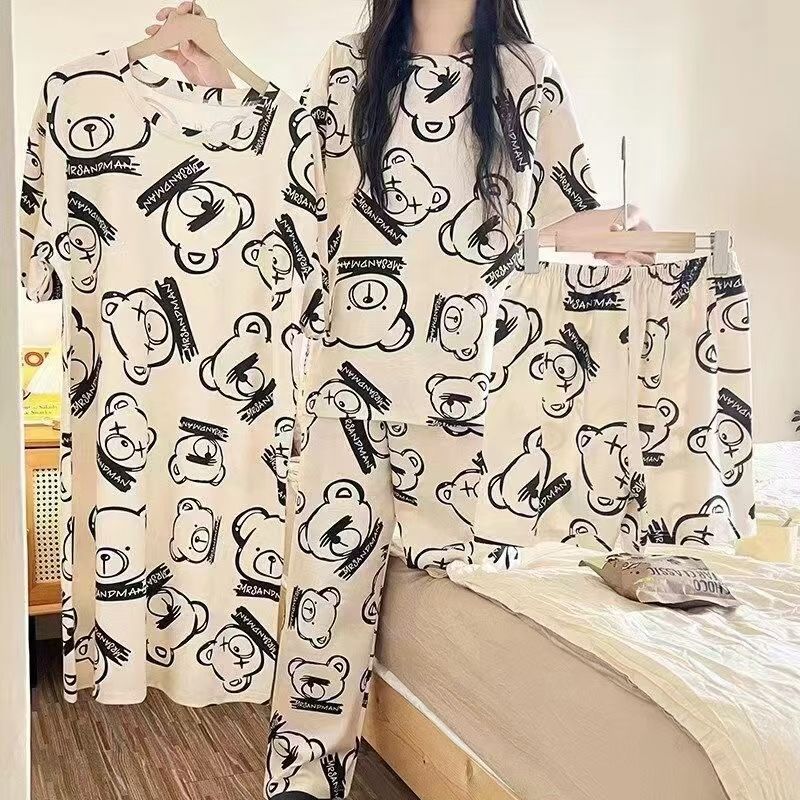 4-Piece Pajama women's summer four piece cartoon nightgown summer thin casual cute cropped pants short sleeved set home wear