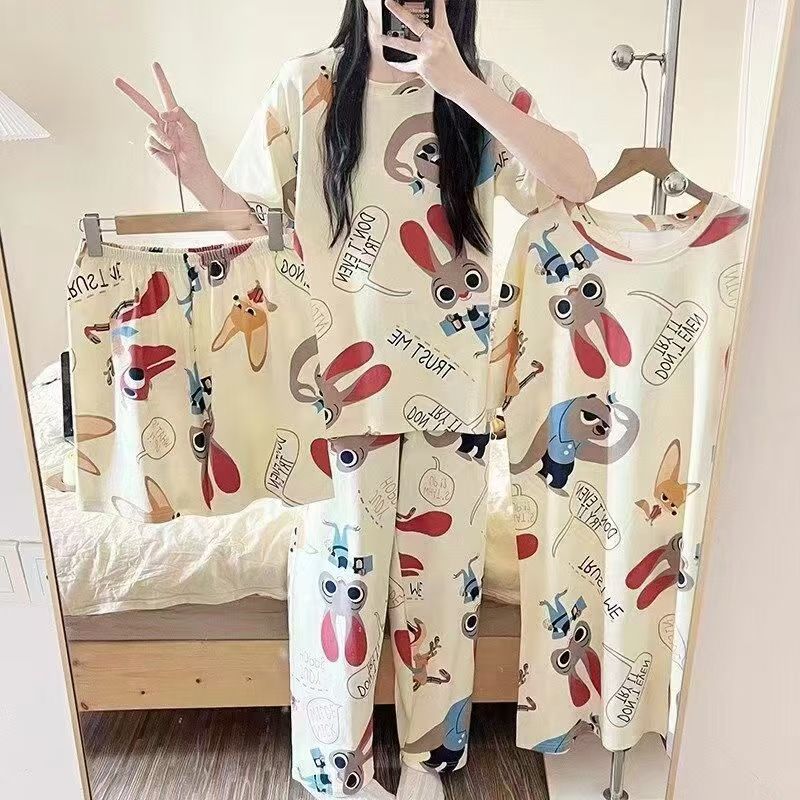 4-Piece Pajama women's summer four piece cartoon nightgown summer thin casual cute cropped pants short sleeved set home wear