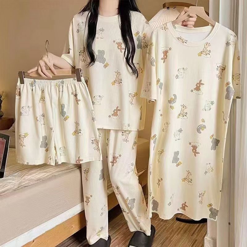 4-Piece Pajama women's summer four piece cartoon nightgown summer thin casual cute cropped pants short sleeved set home wear