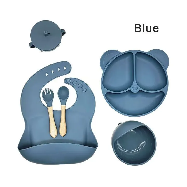 6PCS Silicone Baby Feeding Set, Baby Led Weaning Supplies with Suction Bowl Divided Plate, Toddler Self Feeding Dish Set with Spoons Forks Sippy Cup Adjustable Bib, Baby Eating Utensils Baby Bowl Plat