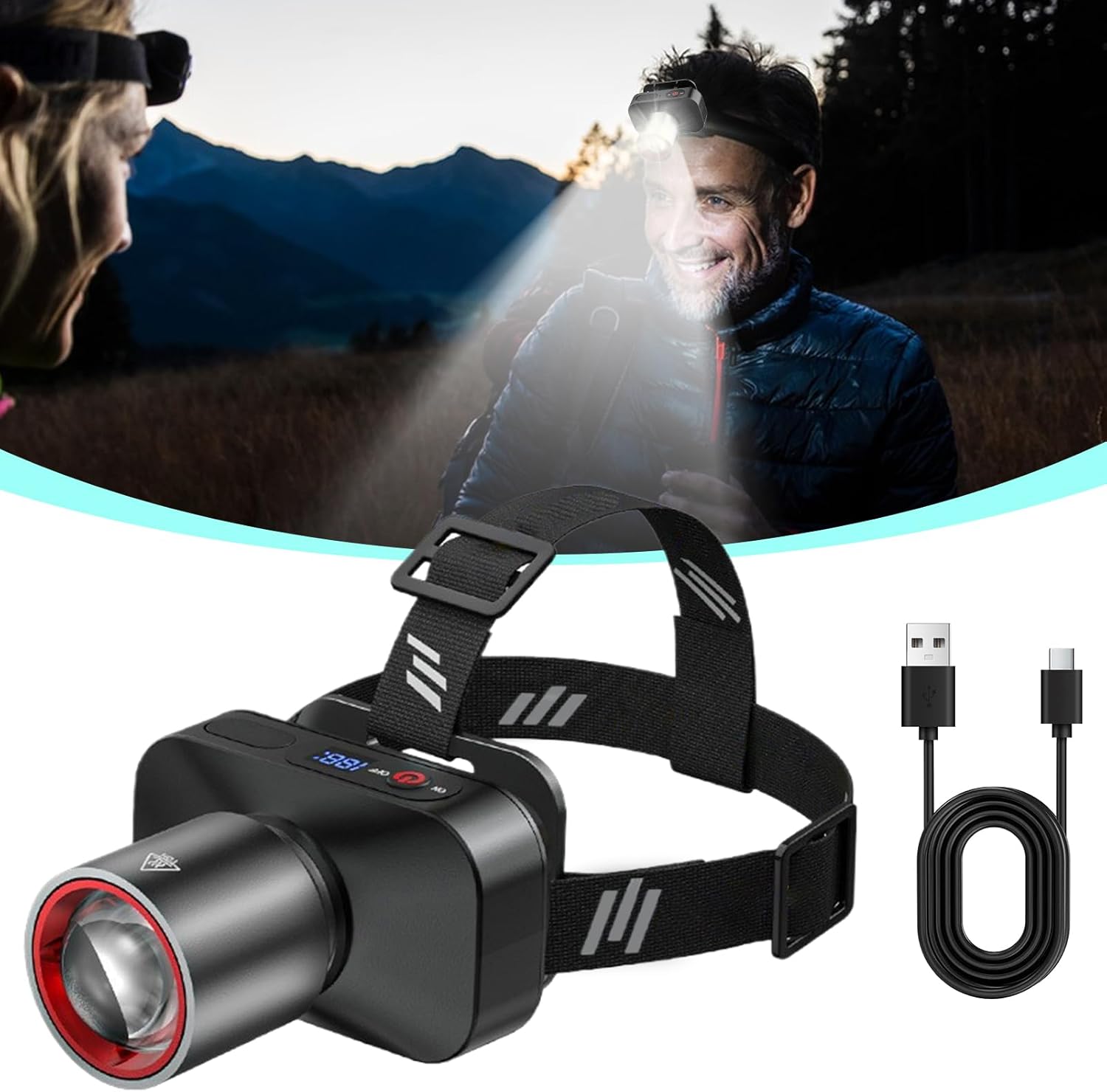 Headlamp Rechargeable - Headlights for Head,Zoomable Beam 90 Degree Angle Adjustable Powerful Waterproof Headlight for Fishing Hunting Hiking