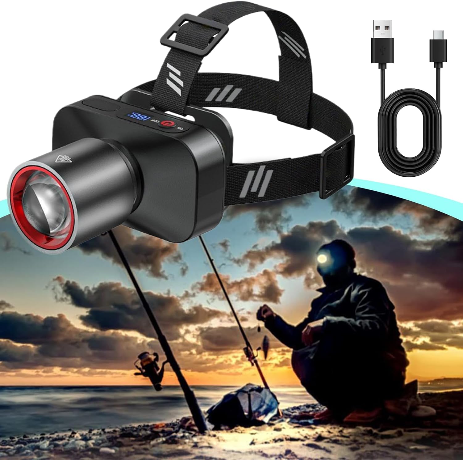 Headlamp Rechargeable - Headlights for Head,Zoomable Beam 90 Degree Angle Adjustable Powerful Waterproof Headlight for Fishing Hunting Hiking