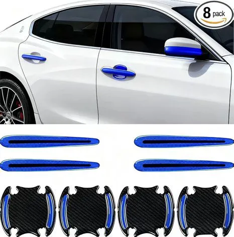 8Pcs Car Door Handle Protector Reflective Sticker,3D Carbon Fiber Universal Door Handle Scratch Protector Cover,Self-Adhesive & Non-Marking,Paint Guard Protective Films (Blue)