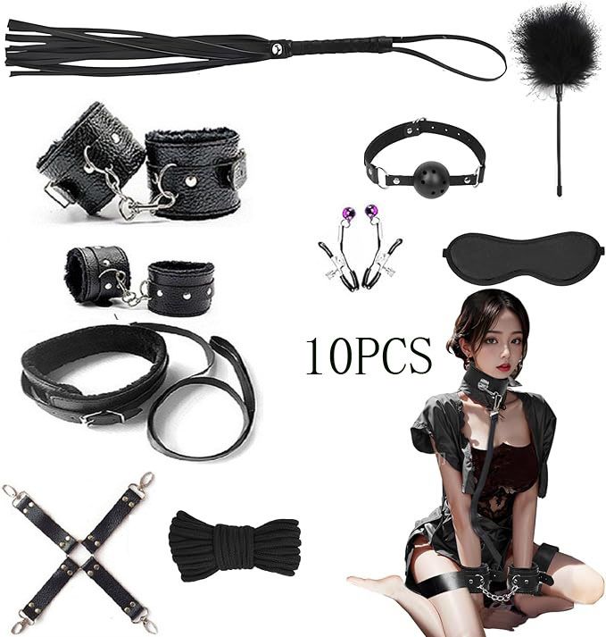 10pcs BDSM Bondage Restraints Set SM Ties Leather Bondage Sets with Eye Masks Sex Cuffs Whips Nipple Clamps Mouth Plugs Extreme Bedtime Bondage Sex Toys,Adult Games Sex Toys for Women and Couples