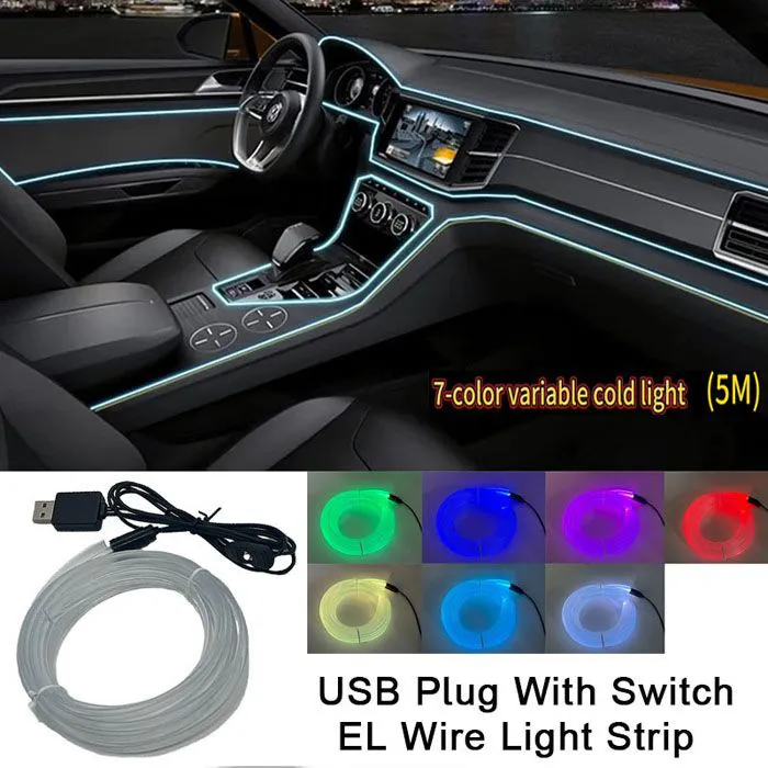 EL Wire Interior Car LED Strip Lights, LEDCARE 5M USB Neon Glowing Strobing Electroluminescent Wire Strip , Ambient Lighting Kits for Car Inside Decoration (7-color variable cold light)