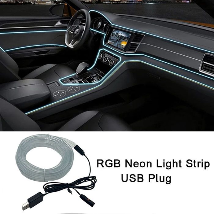 EL Wire Interior Car LED Strip Lights, LEDCARE 5M USB Neon Glowing Strobing Electroluminescent Wire Strip , Ambient Lighting Kits for Car Inside Decoration (7-color variable cold light)