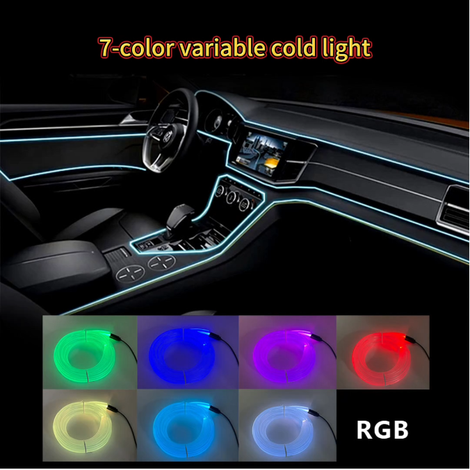 EL Wire Interior Car LED Strip Lights, LEDCARE 5M USB Neon Glowing Strobing Electroluminescent Wire Strip , Ambient Lighting Kits for Car Inside Decoration (7-color variable cold light)