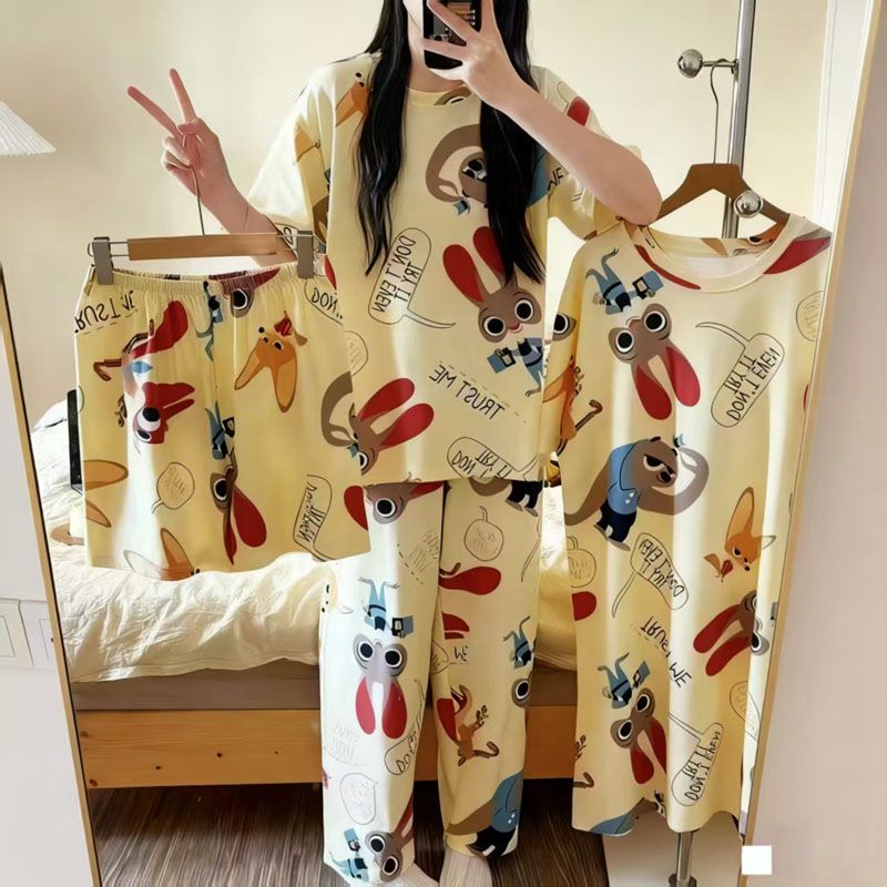 4-Piece Pajama women's summer four piece cartoon nightgown summer thin casual cute cropped pants short sleeved set home wear