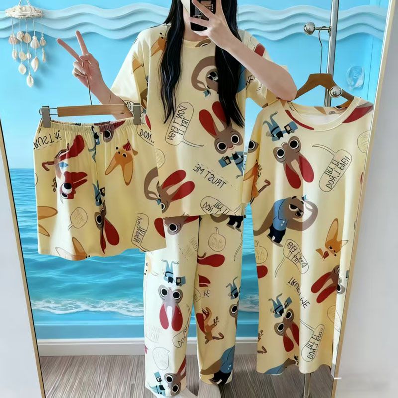 4-Piece Pajama women's summer four piece cartoon nightgown summer thin casual cute cropped pants short sleeved set home wear