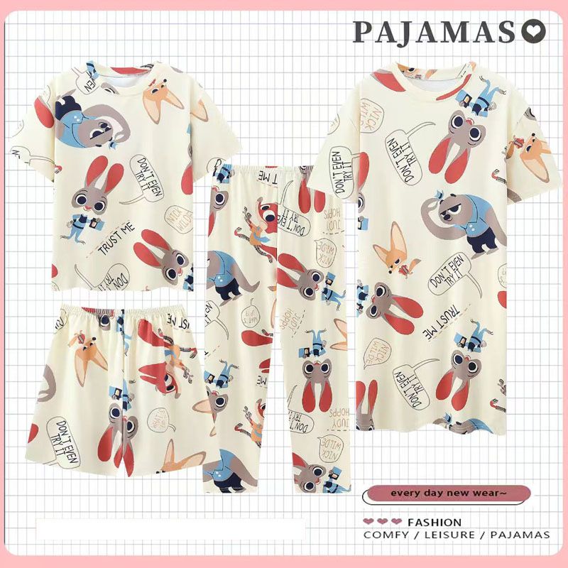 4-Piece Pajama women's summer four piece cartoon nightgown summer thin casual cute cropped pants short sleeved set home wear