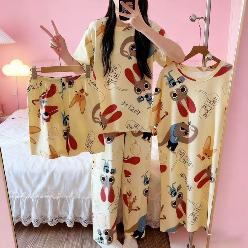 4-Piece Pajama women's summer four piece cartoon nightgown summer thin casual cute cropped pants short sleeved set home wear
