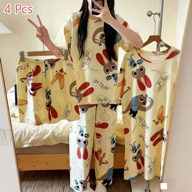 4-Piece Pajama women's summer four piece cartoon nightgown summer thin casual cute cropped pants short sleeved set home wear