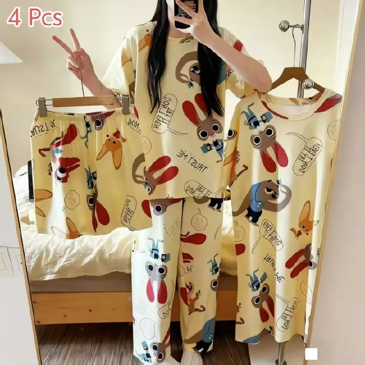 4-Piece Pajama women's summer four piece cartoon nightgown summer thin casual cute cropped pants short sleeved set home wear