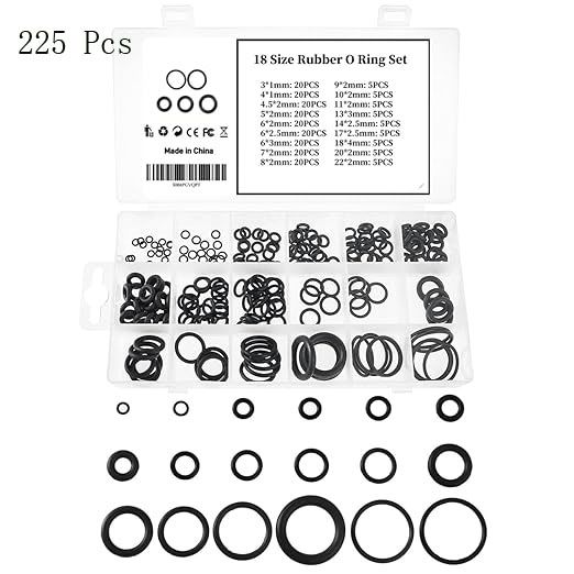 225 Pcs Rubber O-Ring Kit 18 Size Nitrile Rubber O Ring Assortment Set for Car Auto Vehicle Repair Faucet Plumbing Air or Gas Sealing Connections Resist Oil and Heat