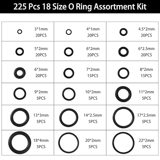 225 Pcs Rubber O-Ring Kit 18 Size Nitrile Rubber O Ring Assortment Set for Car Auto Vehicle Repair Faucet Plumbing Air or Gas Sealing Connections Resist Oil and Heat