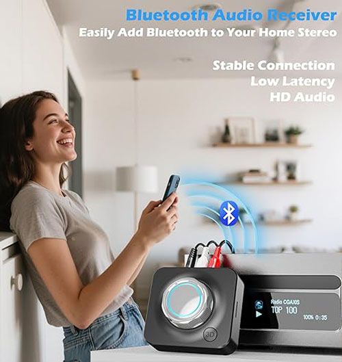 Bluetooth Receiver for Home Stereo, 3.5mm AUX/RCA,TF Card Slot,Car Systems，Wireless Bluetooth Audio Adapter Low Latency for Home Music Streaming Stereo System，Stereo Receiver with 3D Surround