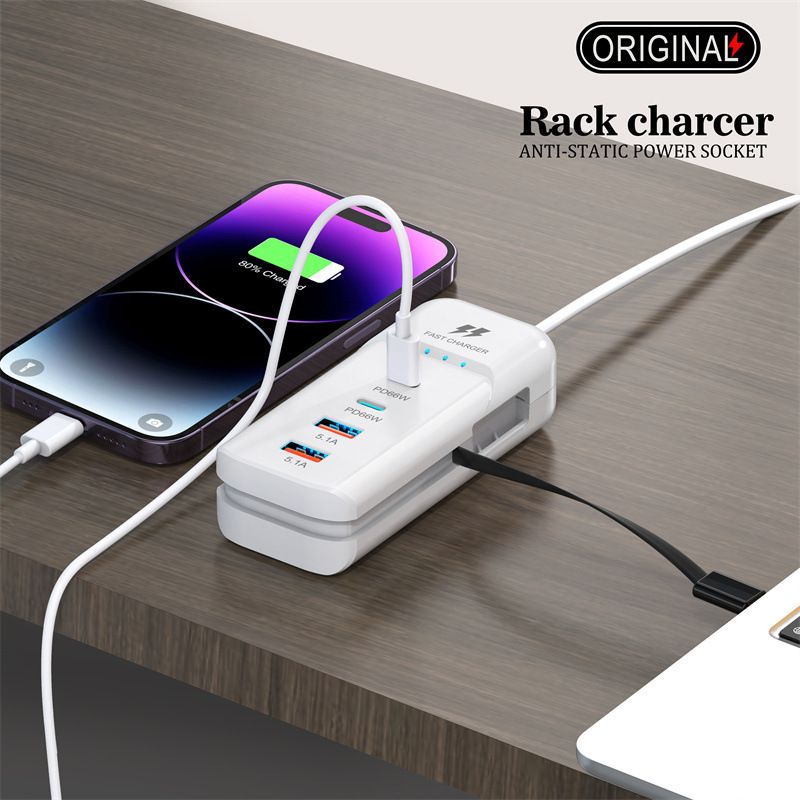 Mobile phone charger 2PD+2USB multi port charging head plug suitable for Apple Android 3.1a socket Type-C Detachable Cable,Multi-Port Output,Compact Portable Design ,USB Power Strip (EU)