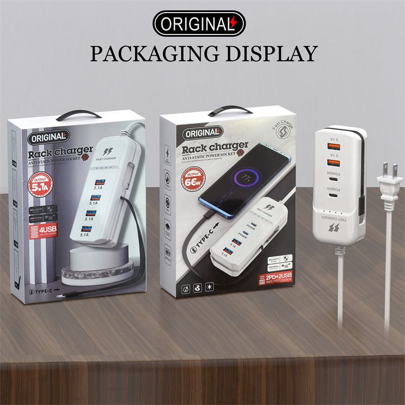 Mobile phone charger 2PD+2USB multi port charging head plug suitable for Apple Android 3.1a socket Type-C Detachable Cable,Multi-Port Output,Compact Portable Design ,USB Power Strip (EU)