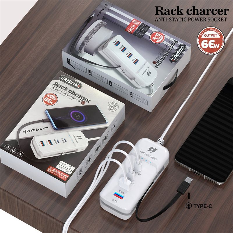 Mobile phone charger 2PD+2USB multi port charging head plug suitable for Apple Android 3.1a socket Type-C Detachable Cable,Multi-Port Output,Compact Portable Design ,USB Power Strip (EU)