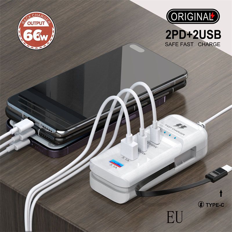 Mobile phone charger 2PD+2USB multi port charging head plug suitable for Apple Android 3.1a socket Type-C Detachable Cable,Multi-Port Output,Compact Portable Design ,USB Power Strip (EU)