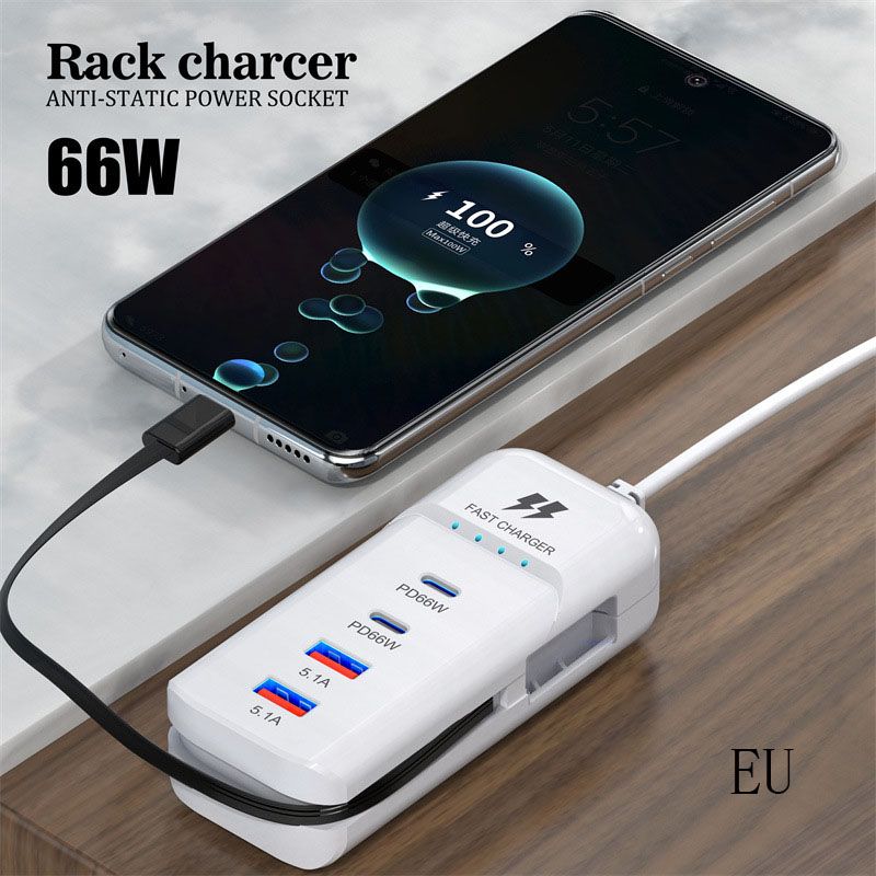 Mobile phone charger 2PD+2USB multi port charging head plug suitable for Apple Android 3.1a socket Type-C Detachable Cable,Multi-Port Output,Compact Portable Design ,USB Power Strip (EU)