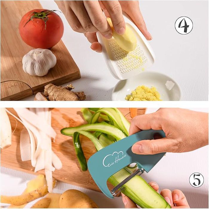 Kitchen Gadgets Set 6 Pieces, Space Saving Cooking Tools Kitchen Accessories-Garlic/Ginger Grinder, Cheese Grater, Vegetable/Fruit Peeler, Pizza Cutter, Herb Stripper, Bottle Opener, Gadgets Gift Set