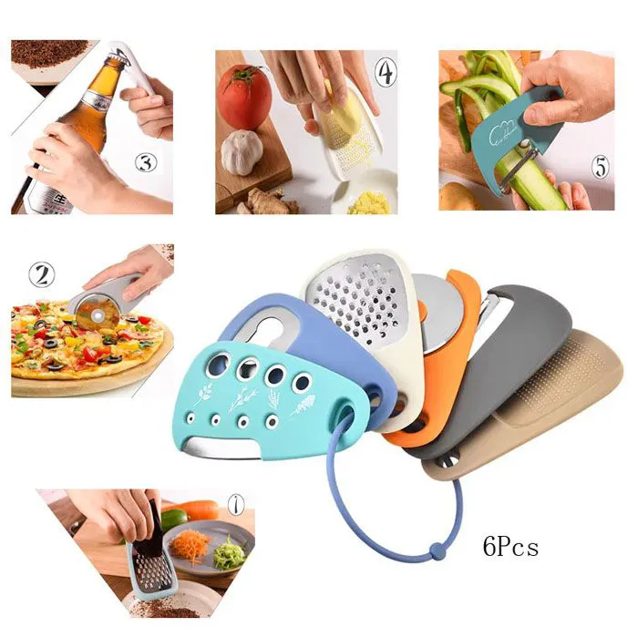 Kitchen Gadgets Set 6 Pieces, Space Saving Cooking Tools Kitchen Accessories-Garlic/Ginger Grinder, Cheese Grater, Vegetable/Fruit Peeler, Pizza Cutter, Herb Stripper, Bottle Opener, Gadgets Gift Set