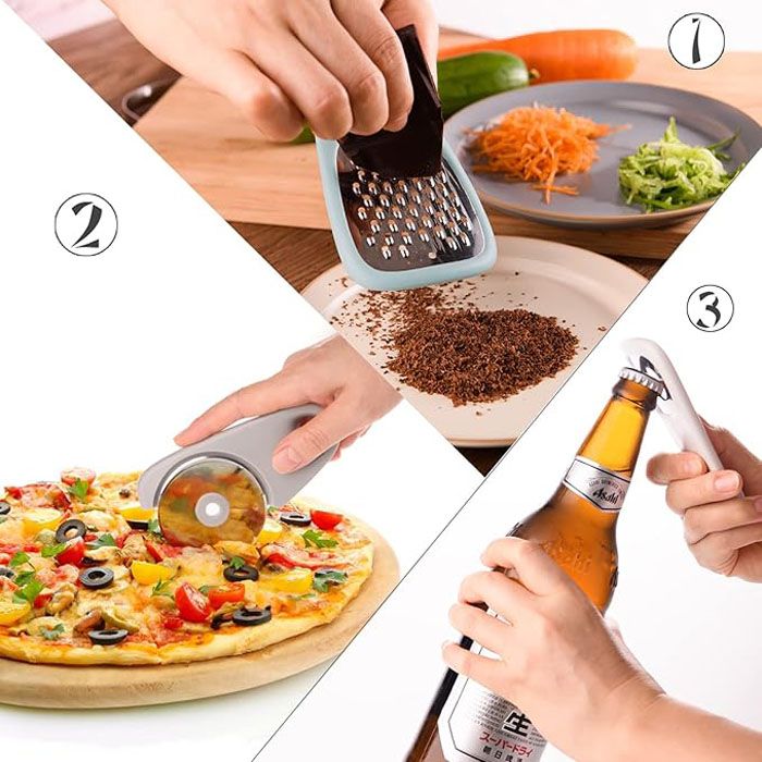 Kitchen Gadgets Set 6 Pieces, Space Saving Cooking Tools Kitchen Accessories-Garlic/Ginger Grinder, Cheese Grater, Vegetable/Fruit Peeler, Pizza Cutter, Herb Stripper, Bottle Opener, Gadgets Gift Set