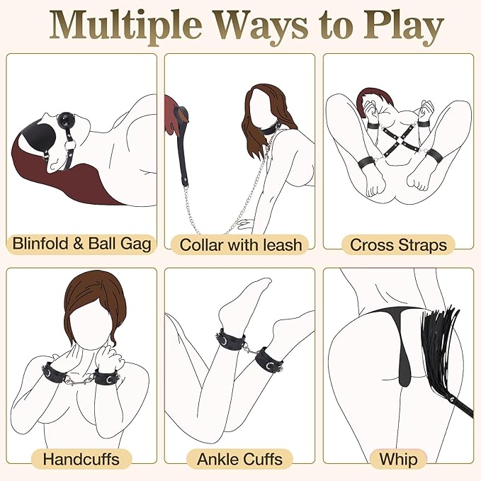10pcs BDSM Bondage Restraints Set SM Ties Leather Bondage Sets with Eye Masks Sex Cuffs Whips Nipple Clamps Mouth Plugs Extreme Bedtime Bondage Sex Toys,Adult Games Sex Toys for Women and Couples