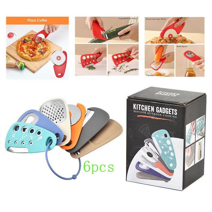 Kitchen Gadgets Set 6 Pieces, Space Saving Cooking Tools Kitchen Accessories-Garlic/Ginger Grinder, Cheese Grater, Vegetable/Fruit Peeler, Pizza Cutter, Herb Stripper, Bottle Opener, Gadgets Gift Set