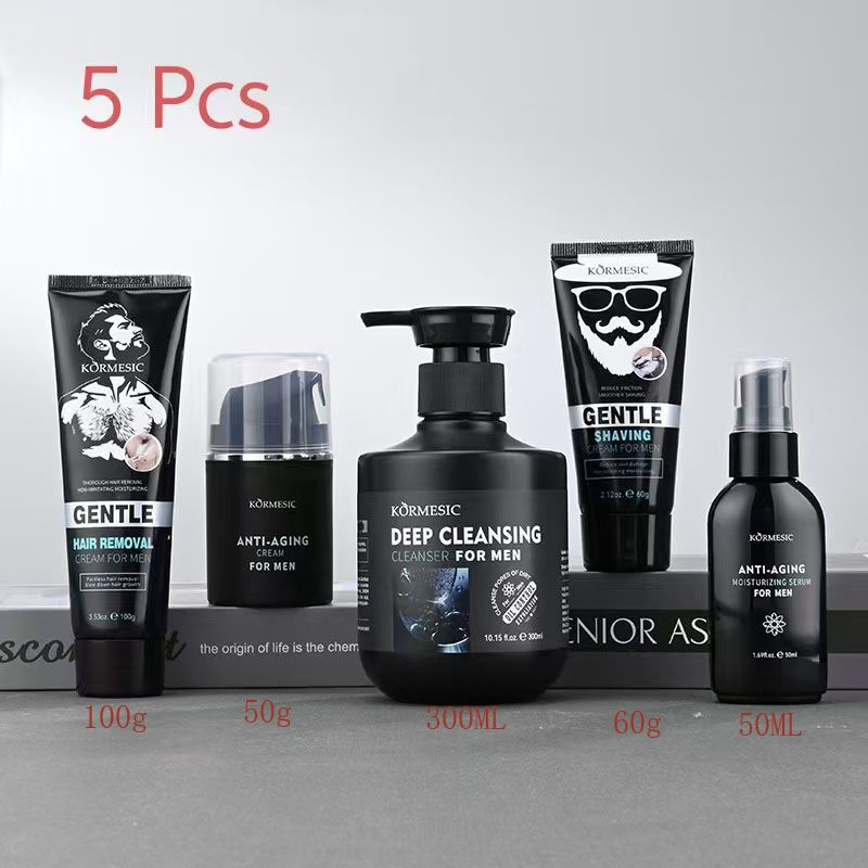 Men Specialized  Skin Care Routine Set , Anti Aging Facial  Set 5pcs Skin Care Set With Specialized Cleanser, Serum, Shaving Cream, Hair Removal Cream, Moisturizer,  Skin Care For Men, Gift For Dad