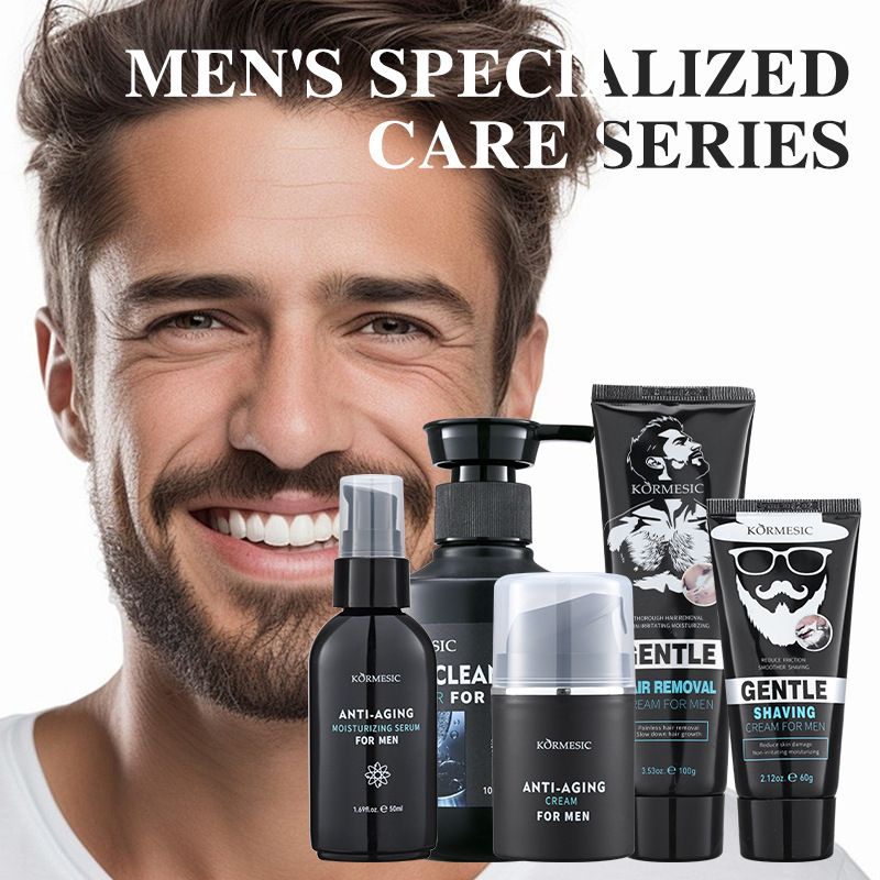 Men Specialized  Skin Care Routine Set , Anti Aging Facial  Set 5pcs Skin Care Set With Specialized Cleanser, Serum, Shaving Cream, Hair Removal Cream, Moisturizer,  Skin Care For Men, Gift For Dad