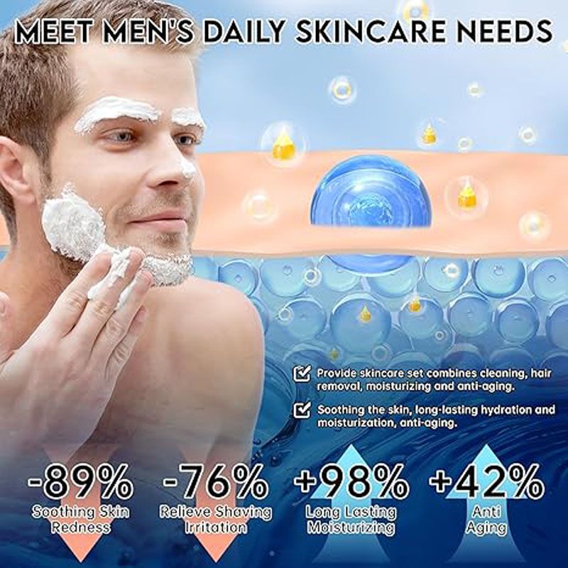 Men Specialized  Skin Care Routine Set , Anti Aging Facial  Set 5pcs Skin Care Set With Specialized Cleanser, Serum, Shaving Cream, Hair Removal Cream, Moisturizer,  Skin Care For Men, Gift For Dad