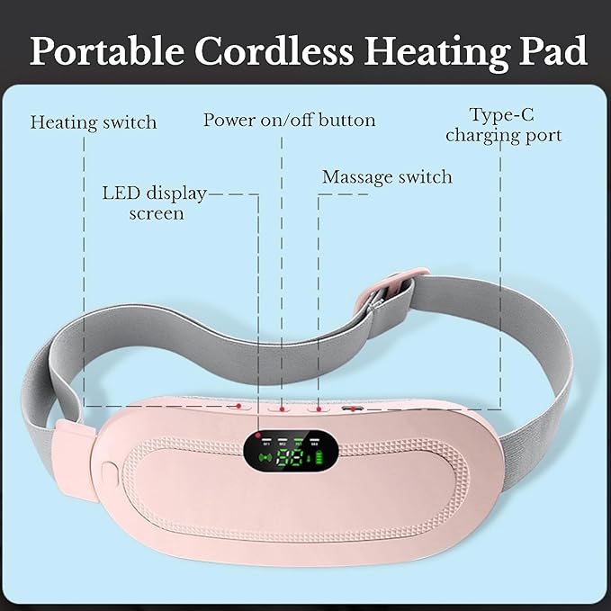 Portable Heating Pad for Period Cramps Relief Vibrating Menstrual Heating Belt for Women, Menstrual Heating Pad Smart Warm Palace Belt , Rechargeable Fast Heat , Pain Relief for Back & Stomach