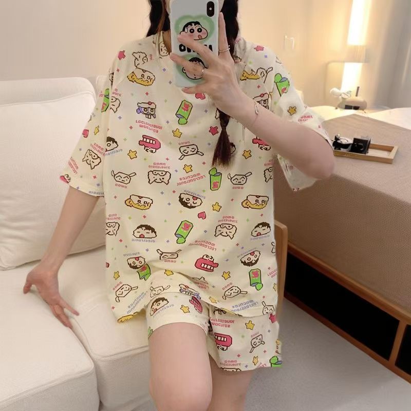 4-Piece Pajama women's summer four piece cartoon nightgown summer thin casual cute cropped pants short sleeved set home wear