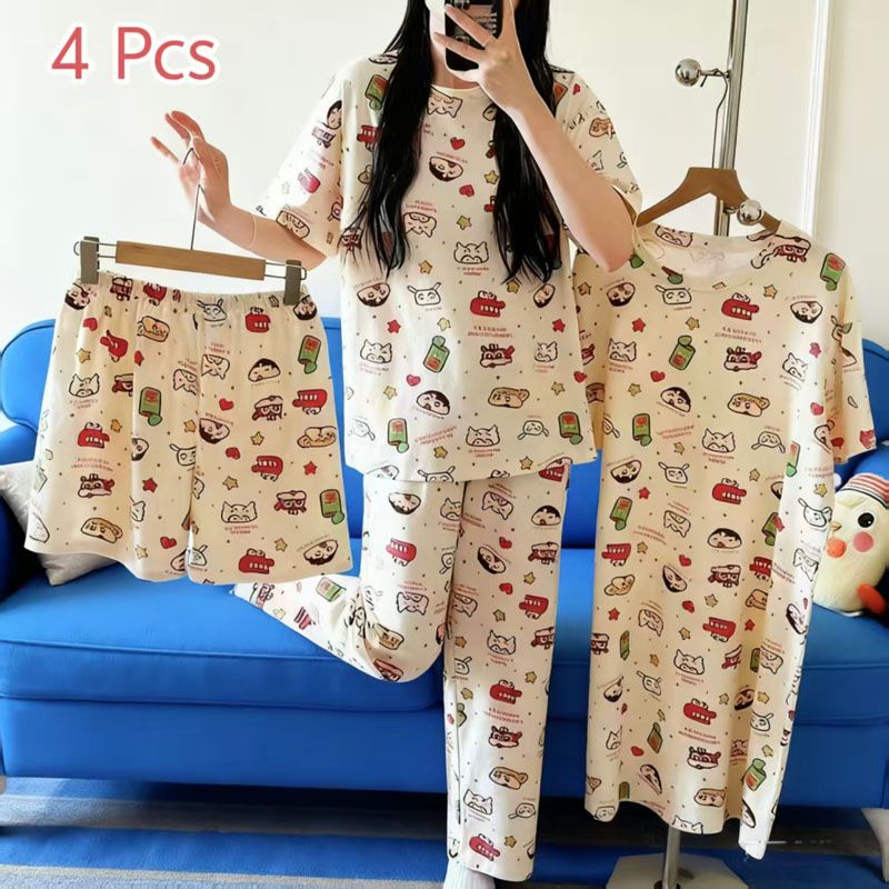 4-Piece Pajama women's summer four piece cartoon nightgown summer thin casual cute cropped pants short sleeved set home wear