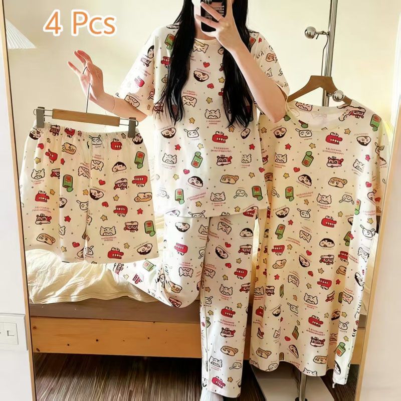 4-Piece Pajama women's summer four piece cartoon nightgown summer thin casual cute cropped pants short sleeved set home wear