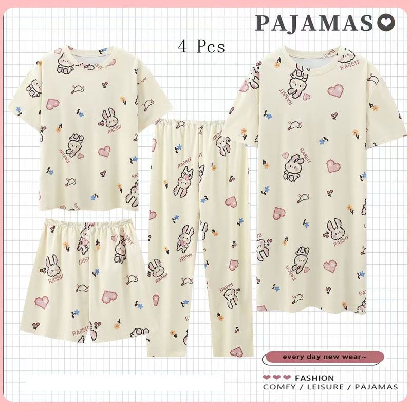 4-Piece Pajama women's summer four piece cartoon nightgown summer thin casual cute cropped pants short sleeved set home wear