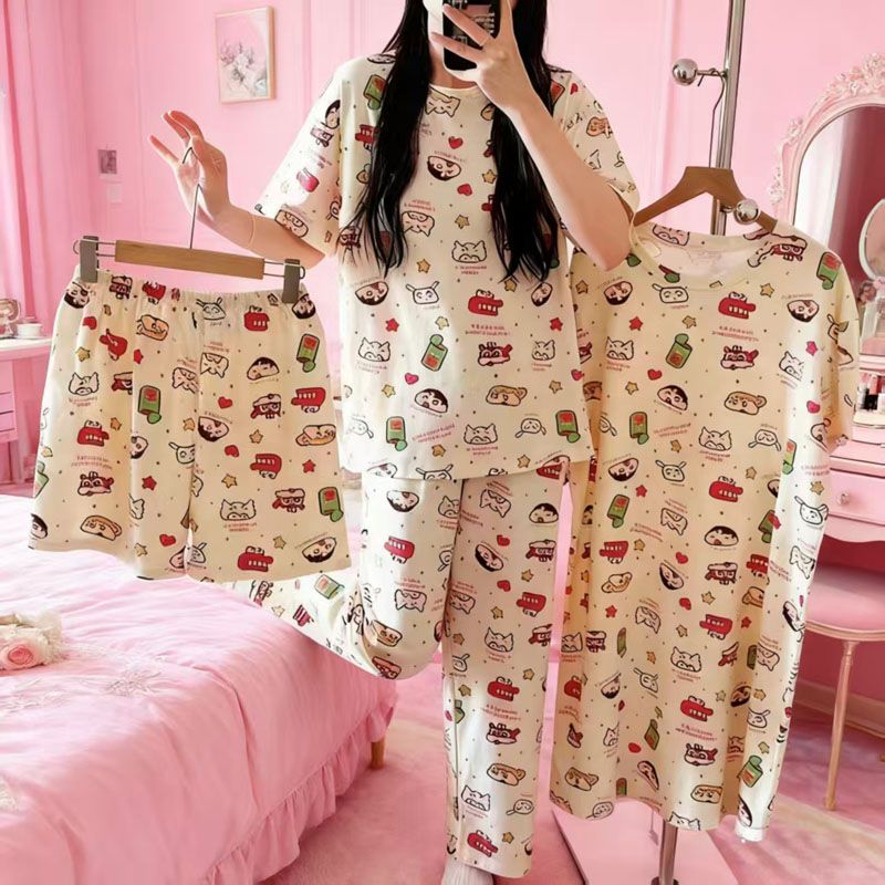 4-Piece Pajama women's summer four piece cartoon nightgown summer thin casual cute cropped pants short sleeved set home wear