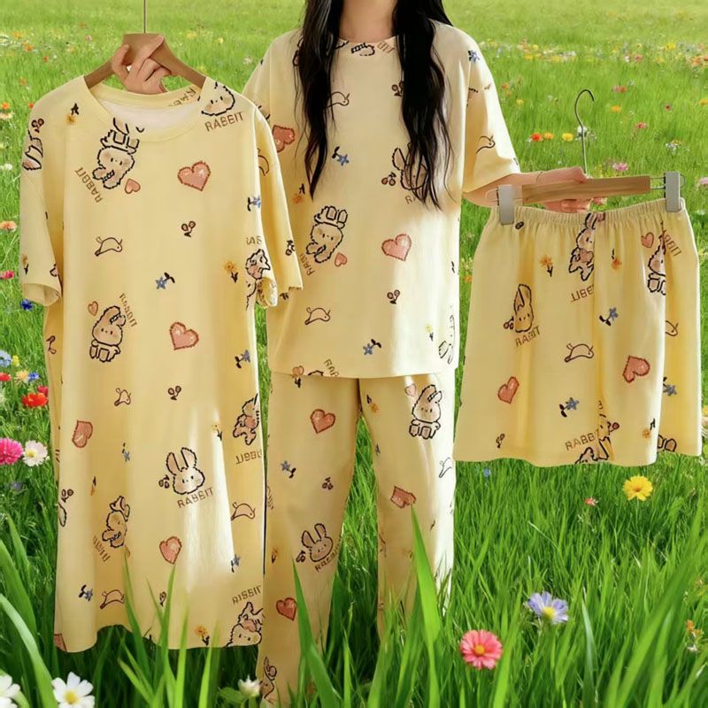 4-Piece Pajama women's summer four piece cartoon nightgown summer thin casual cute cropped pants short sleeved set home wear