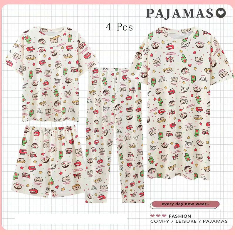 4-Piece Pajama women's summer four piece cartoon nightgown summer thin casual cute cropped pants short sleeved set home wear