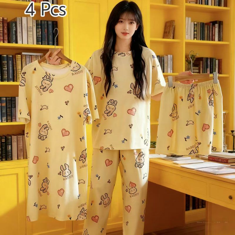 4-Piece Pajama women's summer four piece cartoon nightgown summer thin casual cute cropped pants short sleeved set home wear