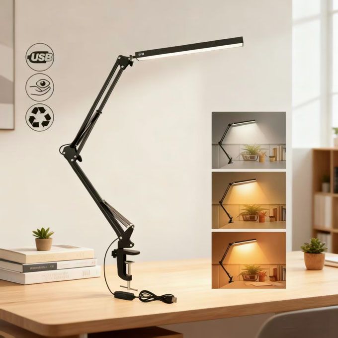 LED Desk Lamp,Adjustable Swing Arm Desk Lamp with Clamp,Dimmable Desk Light Eye-Care Table Light, Memory Function, 3 Color Modes, 10-Level Brightness Table Lamp for Home, Office, Study, Reading