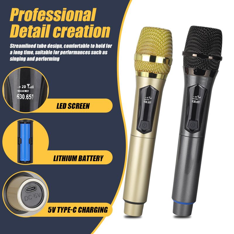 Wireless Microphones, Professional Dual Karaoke Microphone for Singing, Handheld Cordless Dynamic Mic System with Rechargeable Receiver for Wedding, DJ, Speech, Church, Party， 2-Channel