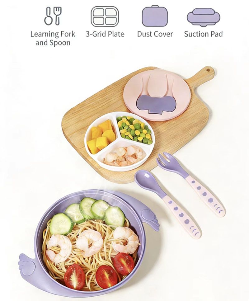 4pcs combination Baby Feeding Set, Baby Led Weaning Supplies with Suction Bowl Divided Plate, Toddler Self Feeding Dish Set with Spoons Forks Sippy Cup，Baby Eating Utensils Baby Bowl Plat