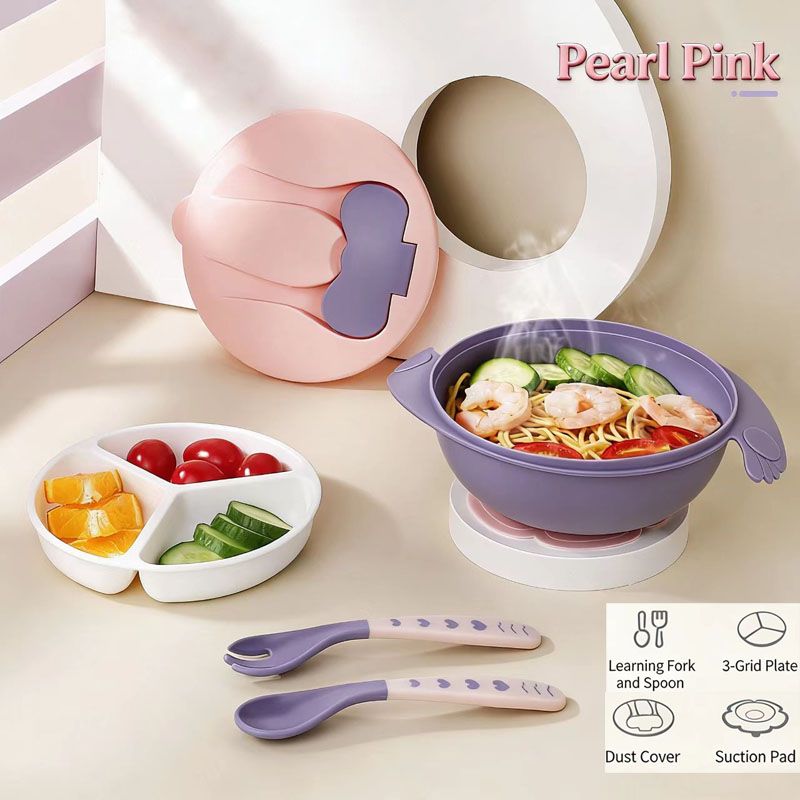 4pcs combination Baby Feeding Set, Baby Led Weaning Supplies with Suction Bowl Divided Plate, Toddler Self Feeding Dish Set with Spoons Forks Sippy Cup，Baby Eating Utensils Baby Bowl Plat