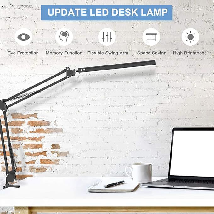 LED Desk Lamp,Adjustable Swing Arm Desk Lamp with Clamp,Dimmable Desk Light Eye-Care Table Light, Memory Function, 3 Color Modes, 10-Level Brightness Table Lamp for Home, Office, Study, Reading