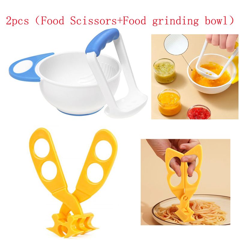 Baby Food Mash Bowl Food Scissors  Fruit Vegetable Puree Masher Bowl Hand Mash with Baby Feeding Set Feeding Dish Set with Spoons Baby Food Masher Set ，Helps Babies Transition to Solid Foods