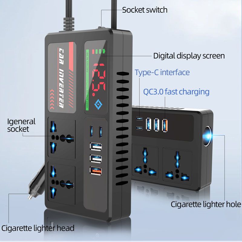 12v24v to 220v car inverter truck car universal converter mobile phone dual flash charging socket charger ， 200W Car Power Inverter，Durable Power Converter.3 USB Ports.