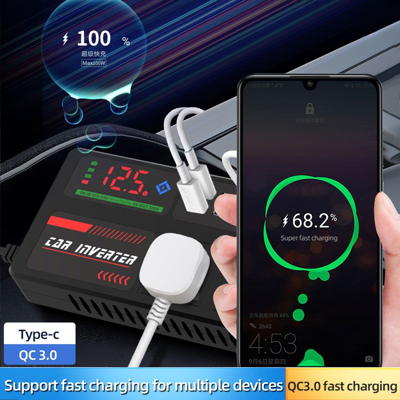 12v24v to 220v car inverter truck car universal converter mobile phone dual flash charging socket charger ， 200W Car Power Inverter，Durable Power Converter.3 USB Ports.